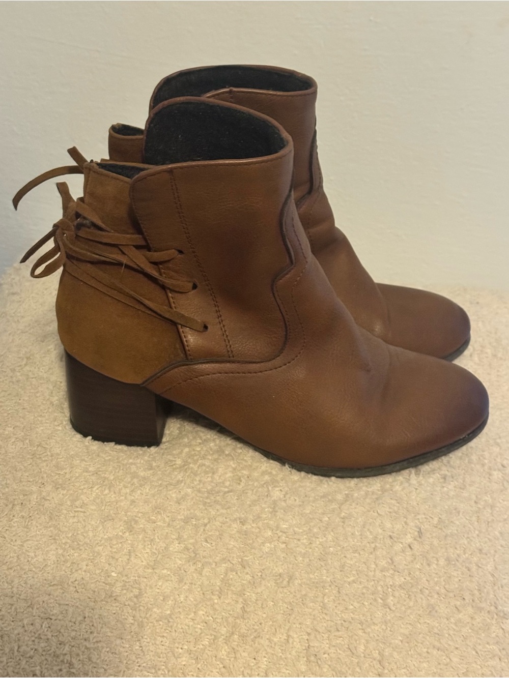 Women's Tan Leather Ankle Booties with Side Tie Detail